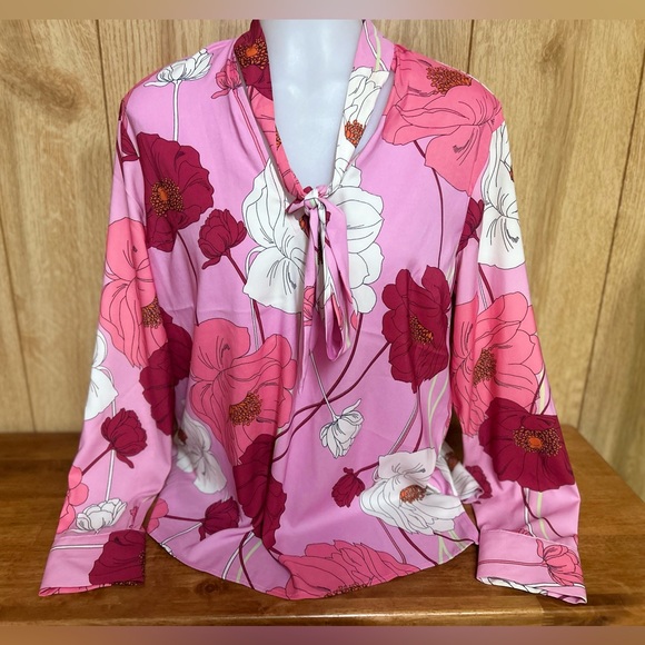 Express Tops - Express Pink and Red Floral Silky Tie Blouse Size M